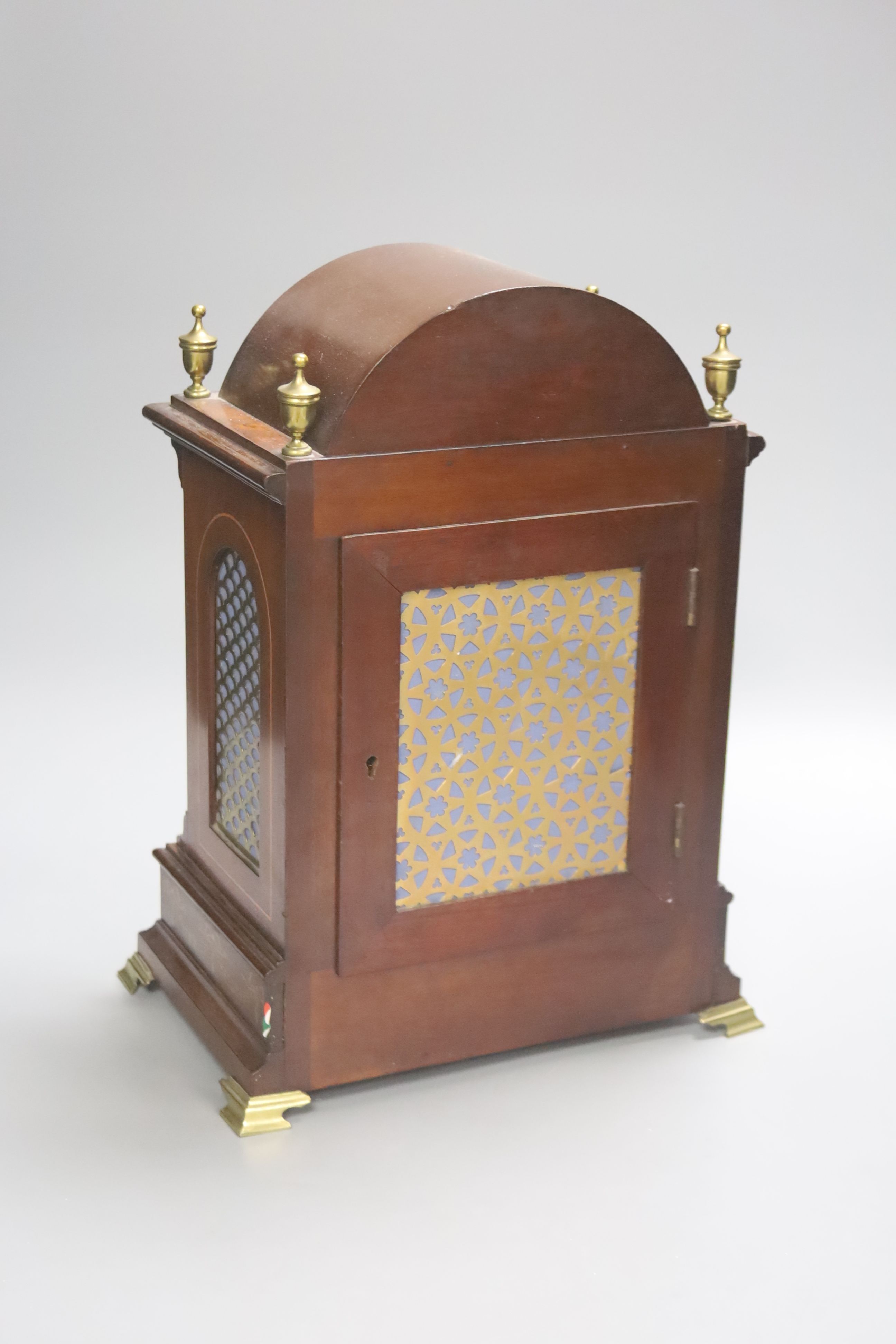 An inlaid mahogany eight day bracket clock, the silvered 3.5 inch dial later marked Boodle & Dunthorne, Liverpool, 23cm wide 32cm high